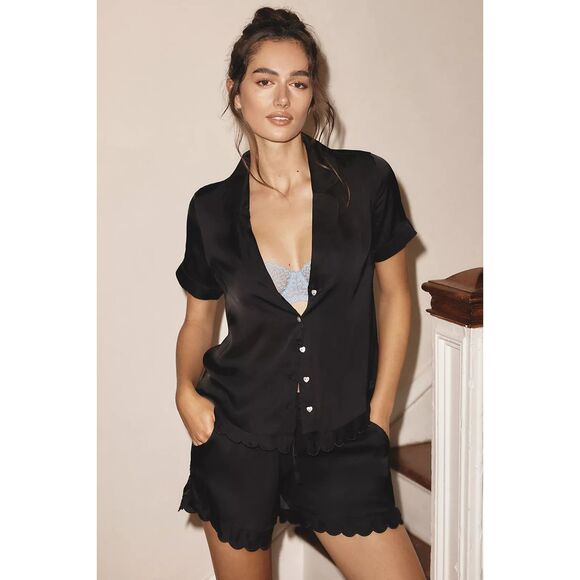 BHLDN Juniper Scalloped Satin Pajama Set Black Small - Picture 1 of 5